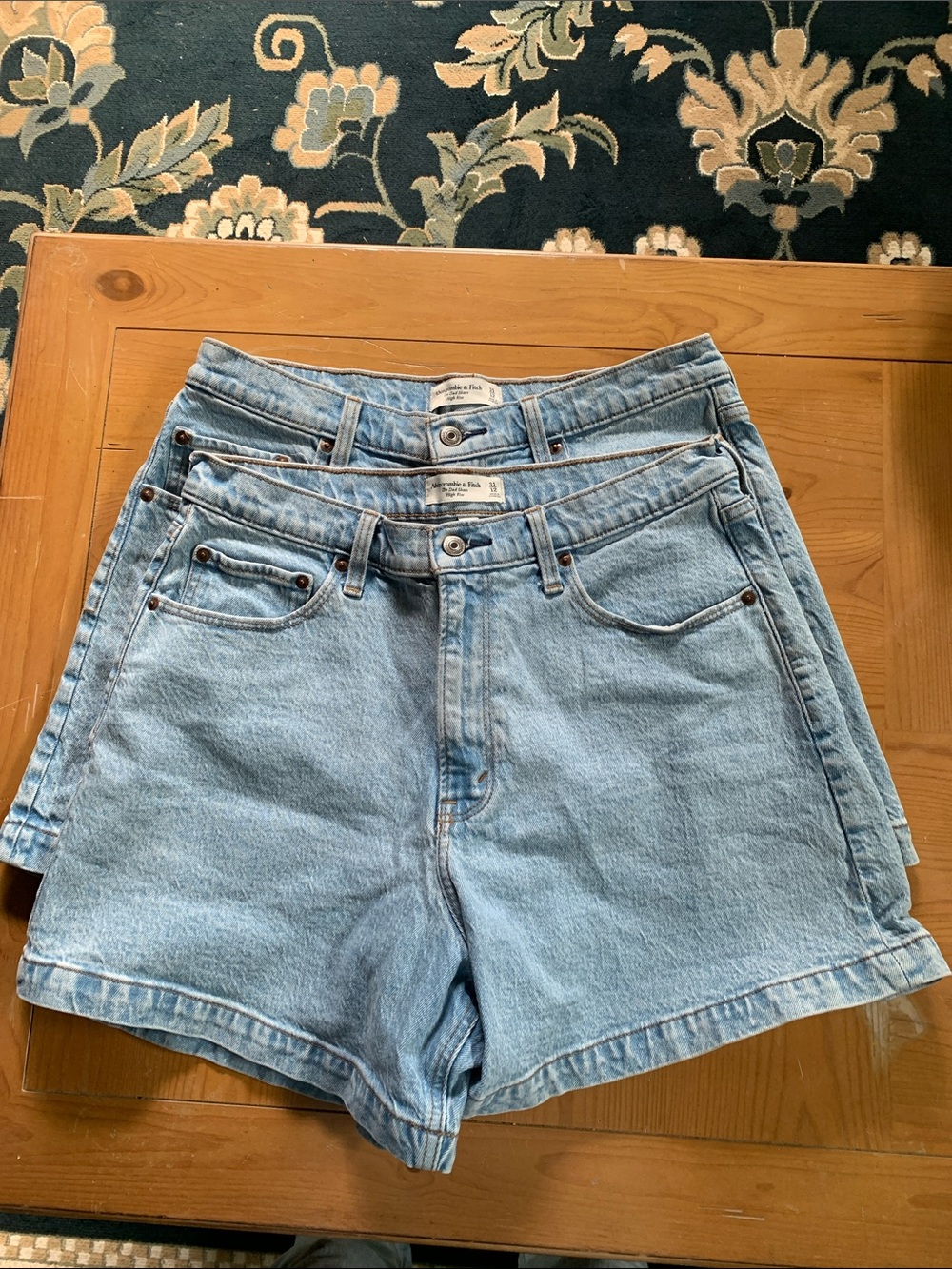 Abercrombie & Fitch Light Blue Denim The Dad Shorts High-Rise Shorts, two pair.